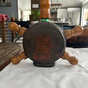 Vintage,Italian leather Ship Wheel Decanter w Wooden handles